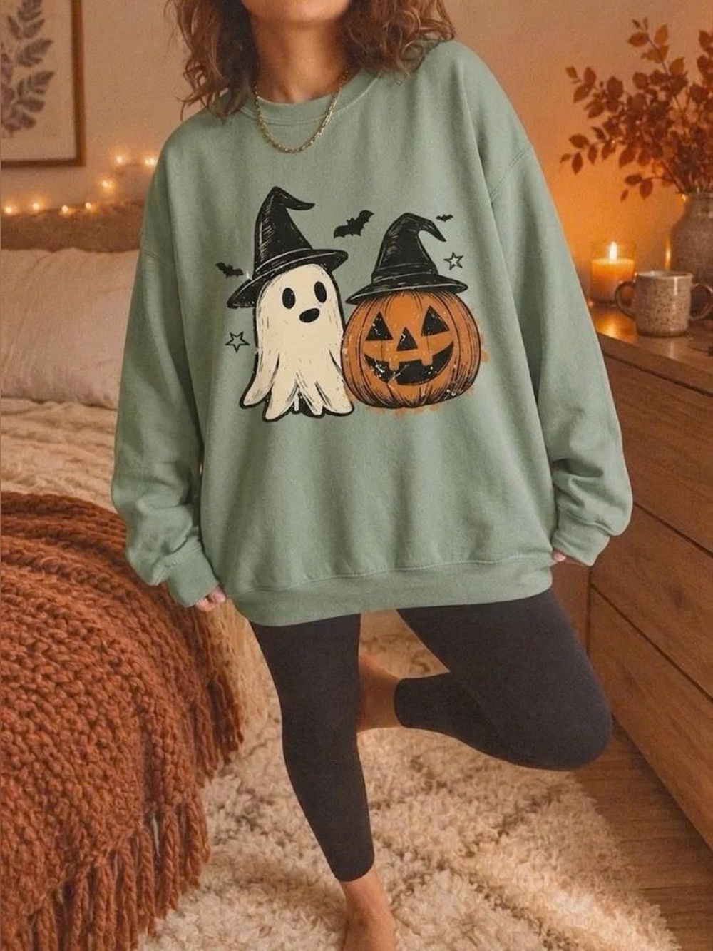 Cute Halloween Ghost & Pumpkin Sweatshirt Sage Green Crewneck Fall Pullover